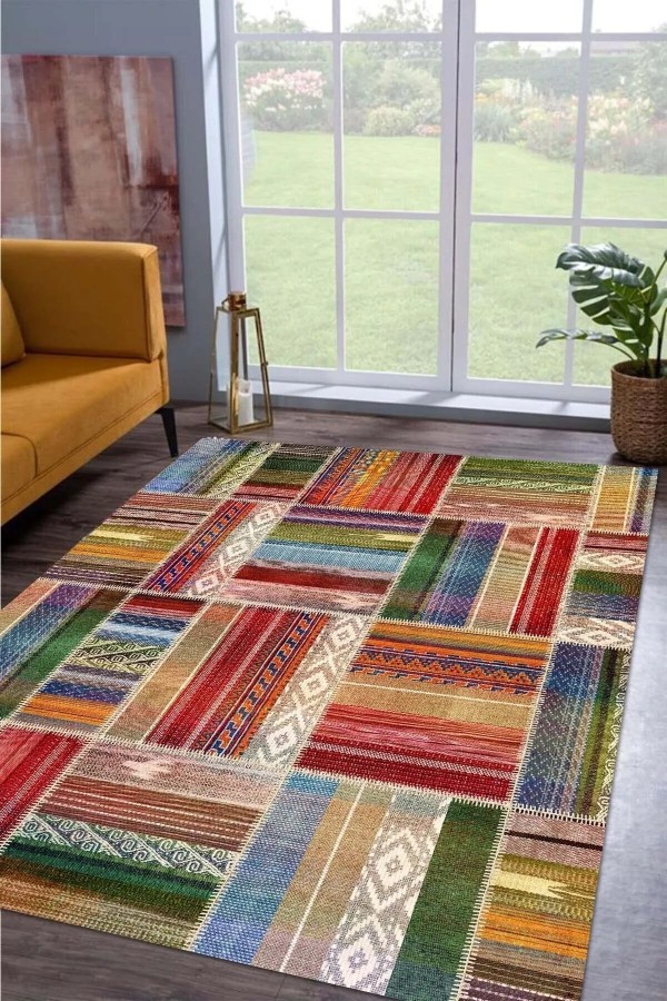 Bitsy Patchwork Kadife Modern Pamuk Tabanlı Yıkanabilen Kaydırmaz Antibakteriyel Salon Halısı