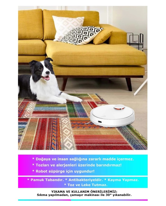 Bitsy Patchwork Kadife Modern Pamuk Tabanlı Yıkanabilen Kaydırmaz Antibakteriyel Salon Halısı