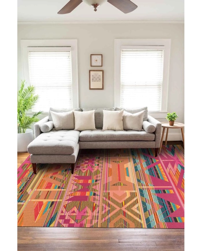 Cros Modern Desenli Kadife Pamuk Tabanlı Yıkanabilen Kaydırmaz Antibakteriyel Salon Halısı