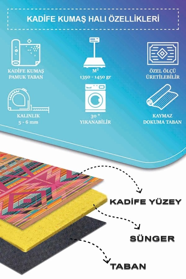 Cros Modern Desenli Kadife Pamuk Tabanlı Yıkanabilen Kaydırmaz Antibakteriyel Salon Halısı