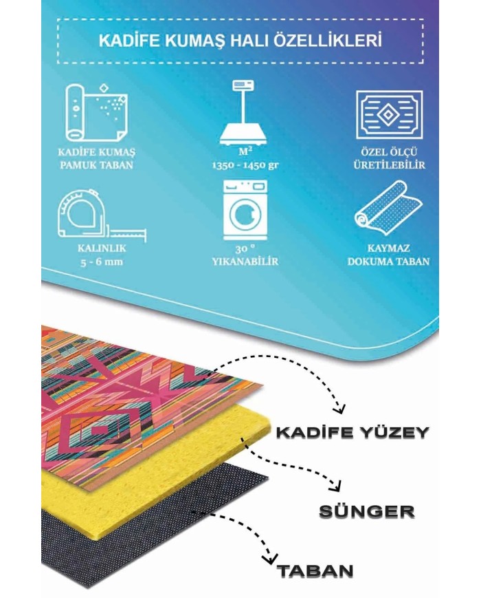 Cros Modern Desenli Kadife Pamuk Tabanlı Yıkanabilen Kaydırmaz Antibakteriyel Salon Halısı