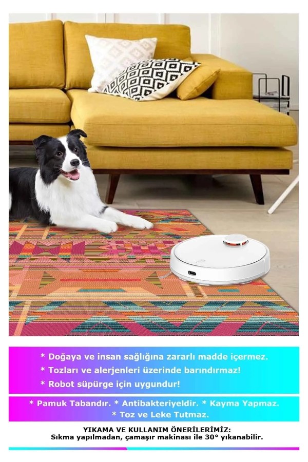 Cros Modern Desenli Kadife Pamuk Tabanlı Yıkanabilen Kaydırmaz Antibakteriyel Salon Halısı