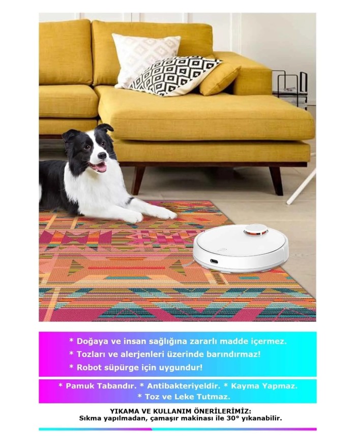 Cros Modern Desenli Kadife Pamuk Tabanlı Yıkanabilen Kaydırmaz Antibakteriyel Salon Halısı