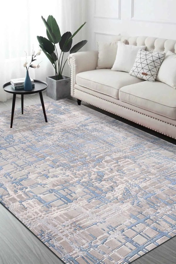 Huner Modern Kadife Eko Desenli Pamuk Tabanlı Yıkanabilen Kaydırmaz Antibakteriyel Salon Halısı