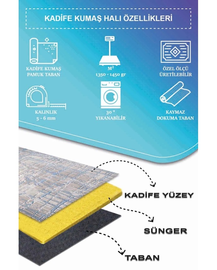 Huner Modern Kadife Eko Desenli Pamuk Tabanlı Yıkanabilen Kaydırmaz Antibakteriyel Salon Halısı