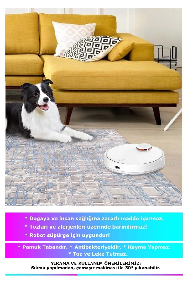 Huner Modern Kadife Eko Desenli Pamuk Tabanlı Yıkanabilen Kaydırmaz Antibakteriyel Salon Halısı