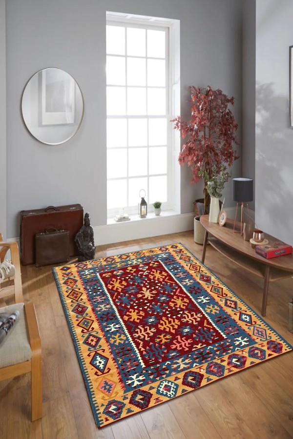 Caleb Modern Kadife Vintage Desenli Pamuk Tabanlı Yıkanabilen Kaydırmaz Antibakteriyel Salon Halısı