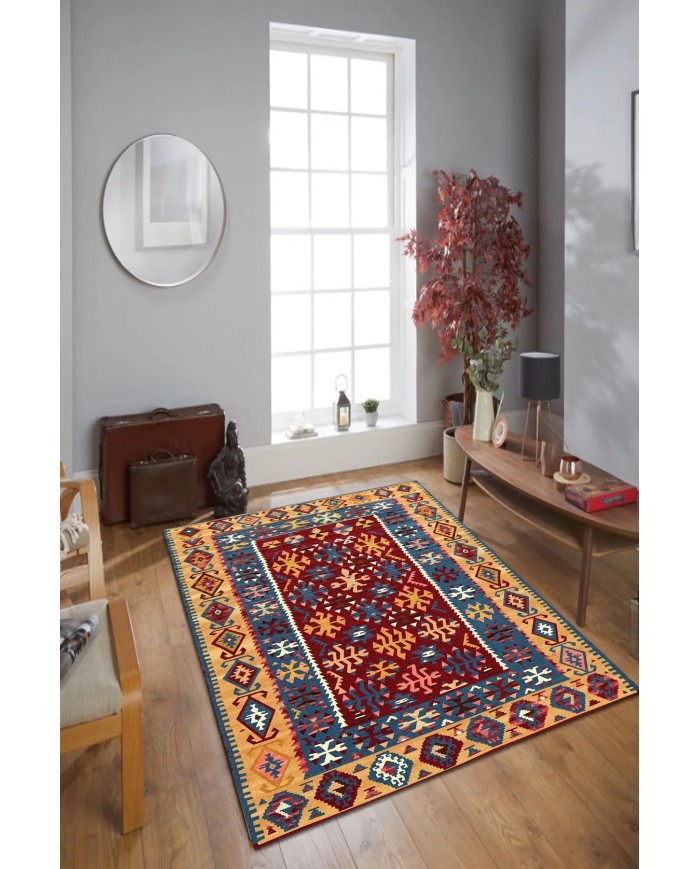 Caleb Modern Kadife Vintage Desenli Pamuk Tabanlı Yıkanabilen Kaydırmaz Antibakteriyel Salon Halısı