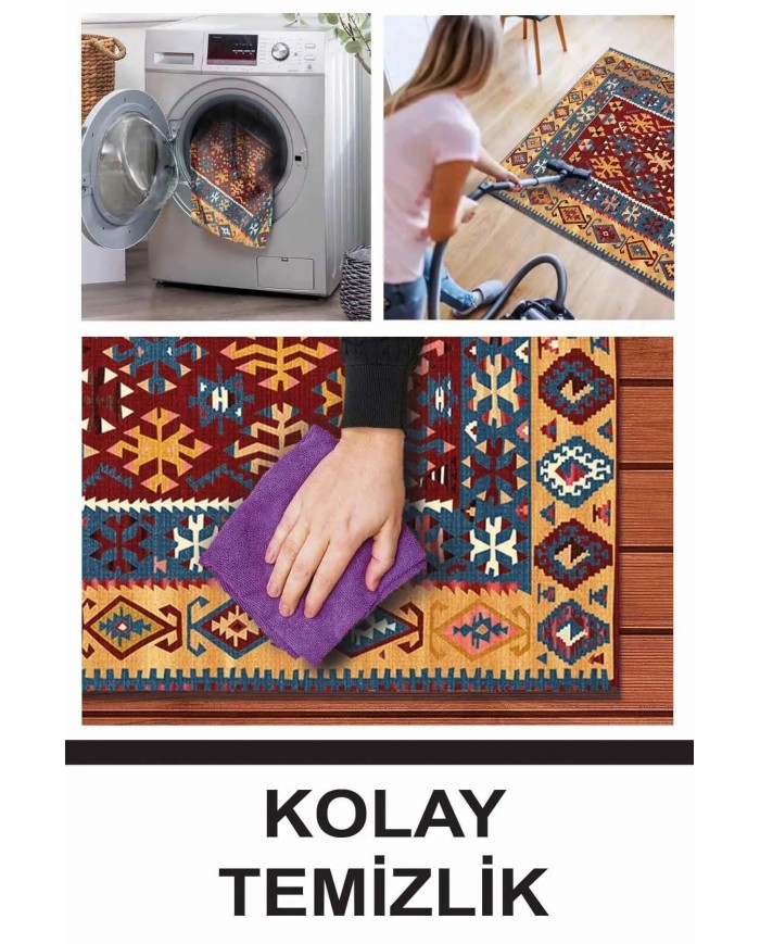 Caleb Modern Kadife Vintage Desenli Pamuk Tabanlı Yıkanabilen Kaydırmaz Antibakteriyel Salon Halısı