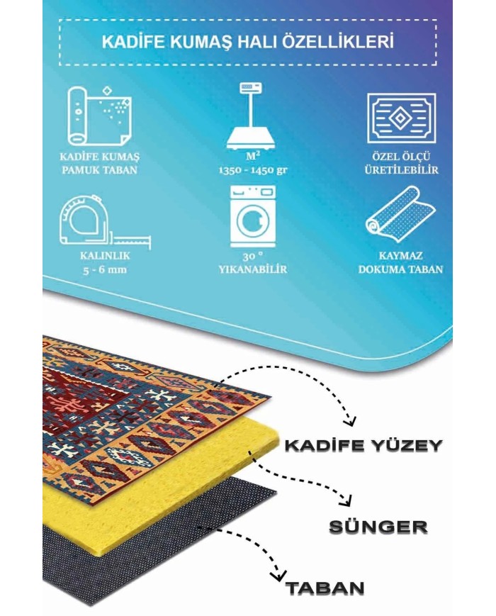 Caleb Modern Kadife Vintage Desenli Pamuk Tabanlı Yıkanabilen Kaydırmaz Antibakteriyel Salon Halısı