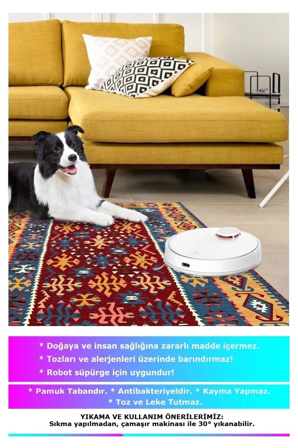 Caleb Modern Kadife Vintage Desenli Pamuk Tabanlı Yıkanabilen Kaydırmaz Antibakteriyel Salon Halısı