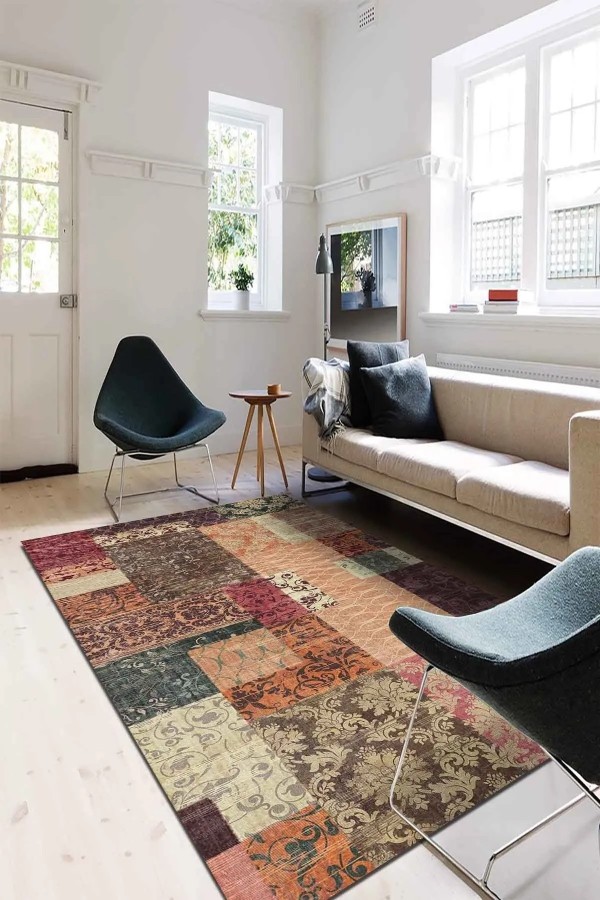 Banaf Patchwork Kadife Modern Pamuk Tabanlı Yıkanabilen Kaydırmaz Antibakteriyel Salon Halısı