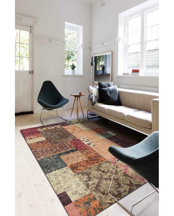 Banaf Patchwork Kadife Modern Pamuk Tabanlı Yıkanabilen Kaydırmaz Antibakteriyel Salon Halısı