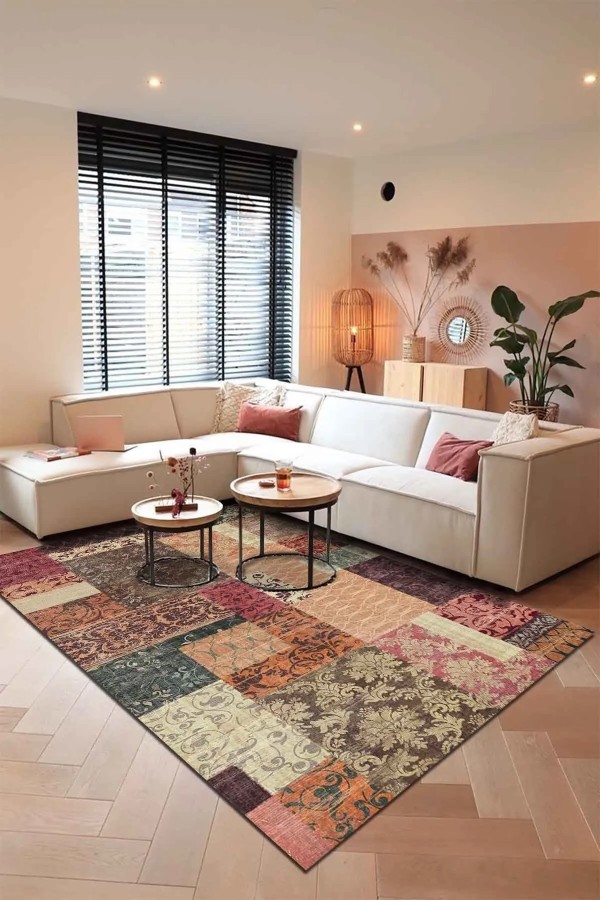 Banaf Patchwork Kadife Modern Pamuk Tabanlı Yıkanabilen Kaydırmaz Antibakteriyel Salon Halısı