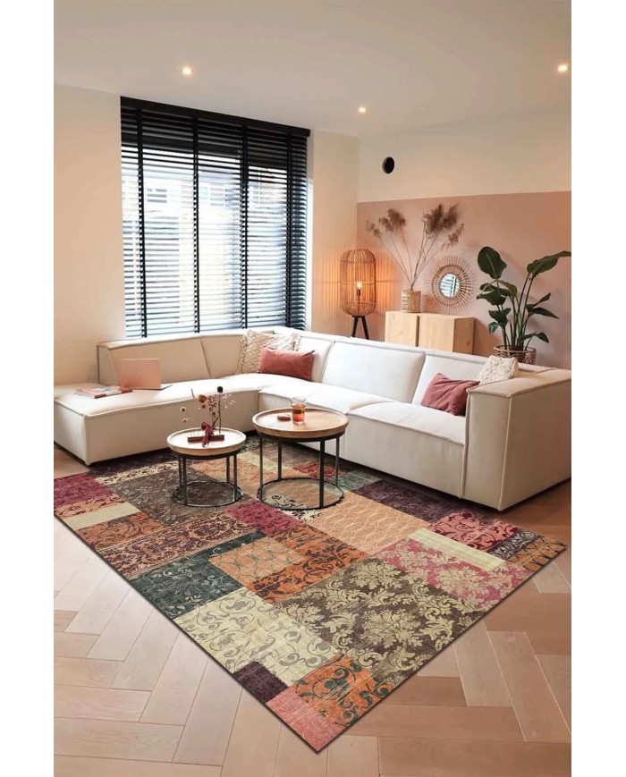 Banaf Patchwork Kadife Modern Pamuk Tabanlı Yıkanabilen Kaydırmaz Antibakteriyel Salon Halısı