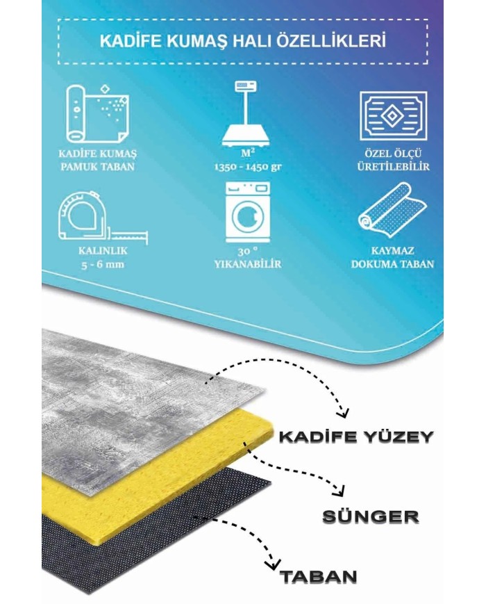 Kali Modern Kadife Eko Desenli Pamuk Tabanlı Yıkanabilen Kaydırmaz Antibakteriyel Salon Halısı