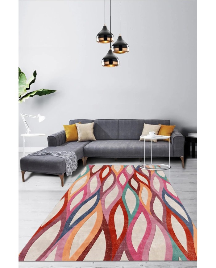 Billa Modern Desenli Kadife Pamuk Tabanlı Yıkanabilen Kaydırmaz Antibakteriyel Salon Halısı