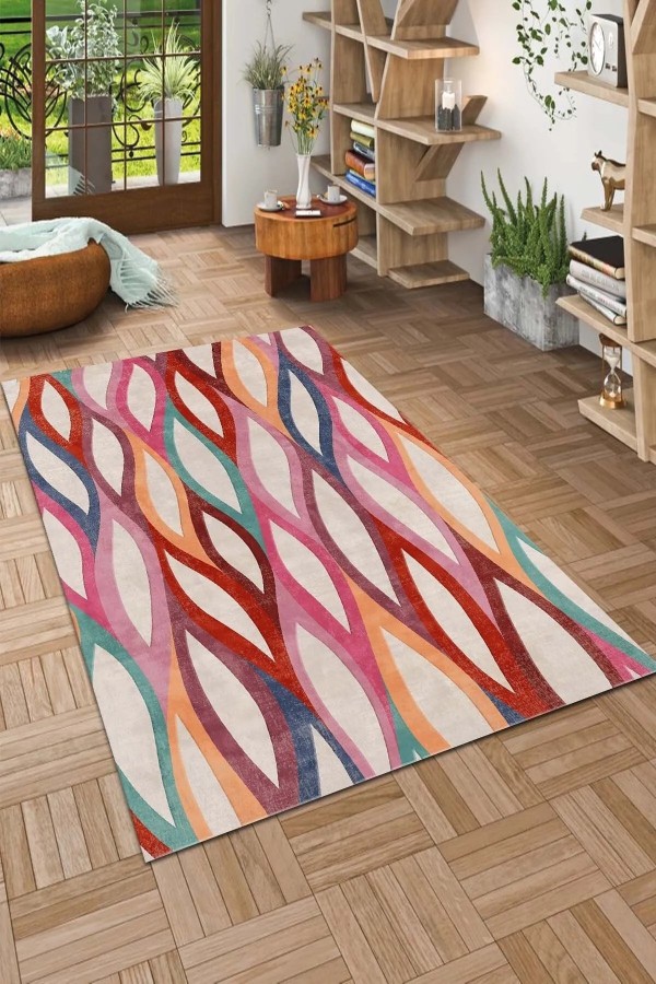 Billa Modern Desenli Kadife Pamuk Tabanlı Yıkanabilen Kaydırmaz Antibakteriyel Salon Halısı