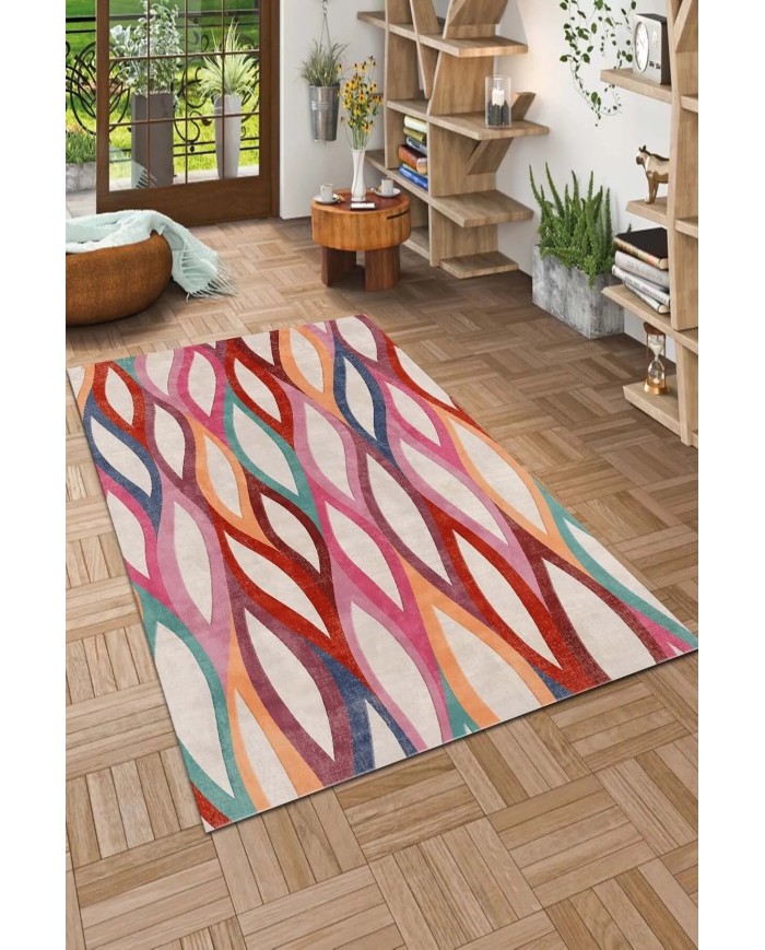 Billa Modern Desenli Kadife Pamuk Tabanlı Yıkanabilen Kaydırmaz Antibakteriyel Salon Halısı