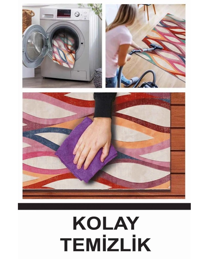 Billa Modern Desenli Kadife Pamuk Tabanlı Yıkanabilen Kaydırmaz Antibakteriyel Salon Halısı