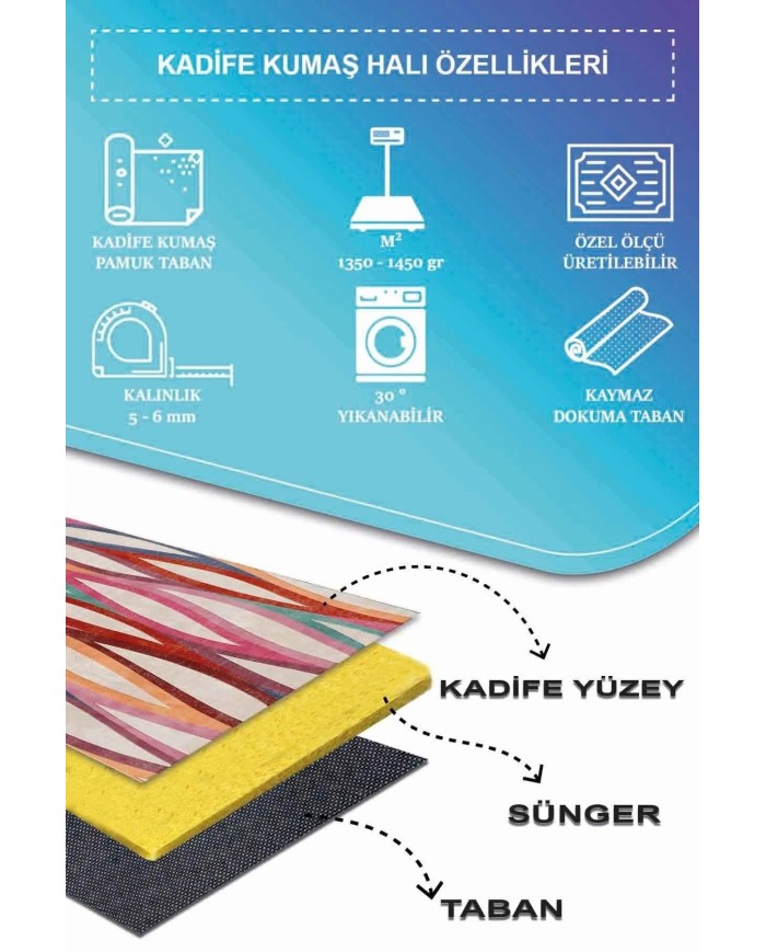 Billa Modern Desenli Kadife Pamuk Tabanlı Yıkanabilen Kaydırmaz Antibakteriyel Salon Halısı
