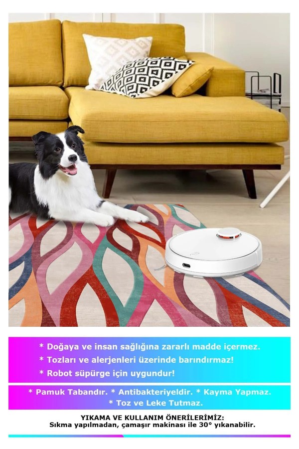 Billa Modern Desenli Kadife Pamuk Tabanlı Yıkanabilen Kaydırmaz Antibakteriyel Salon Halısı