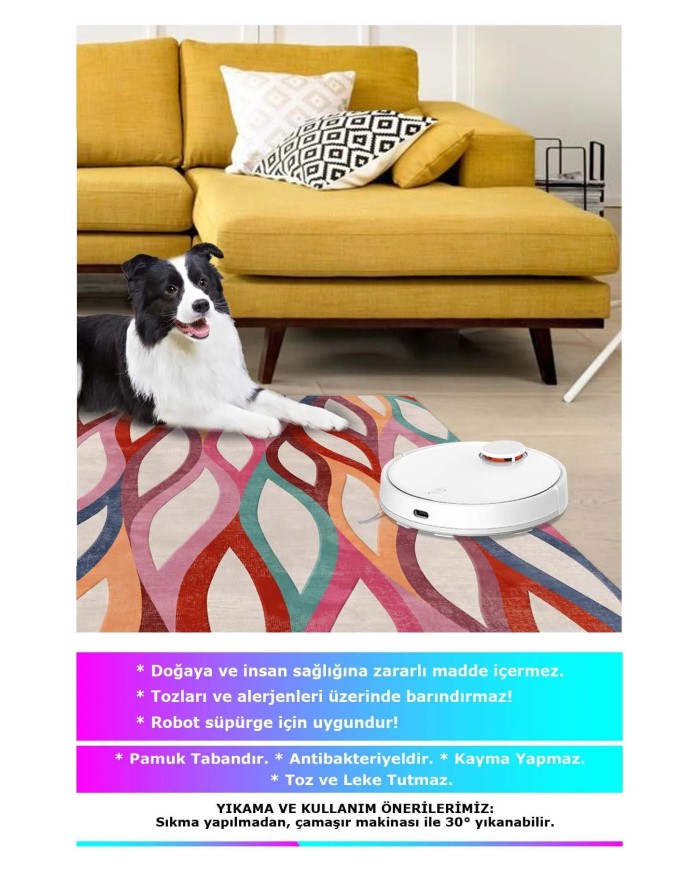 Billa Modern Desenli Kadife Pamuk Tabanlı Yıkanabilen Kaydırmaz Antibakteriyel Salon Halısı