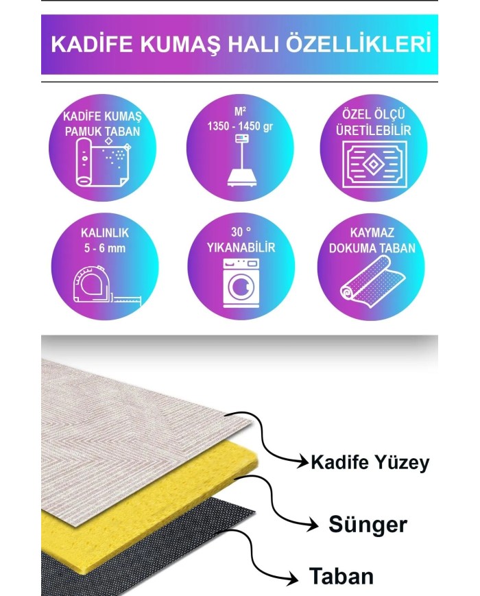 Tegan Modern Kadife  Dekoratif Pamuk Taban Kaymaz Yıkanabilen Antibakteriyel Salon Halısı