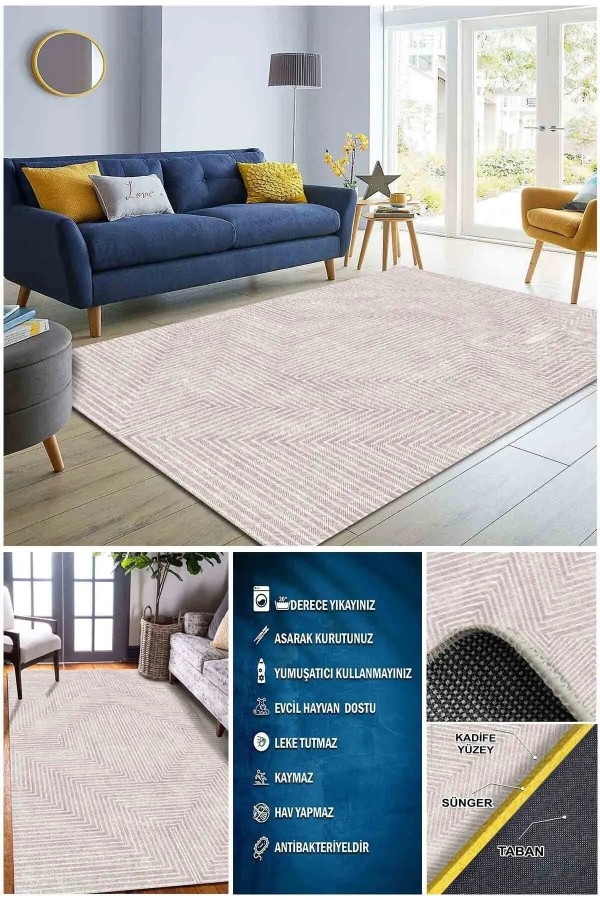 Tegan Modern Kadife  Dekoratif Pamuk Taban Kaymaz Yıkanabilen Antibakteriyel Salon Halısı