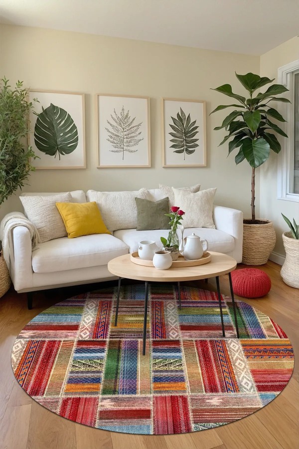 Bitsy Patchwork Kadife Pamuk Tabanlı Yıkanabilen Kaymaz Antibakteriyel Yuvarlak Salon Halısı Mutfak Bitsy Patchwork Kadife Pamuk Tabanlı Yıkanabilen Kaymaz Antibakteriyel Yuvarlak Salon Halısı Mutfak
