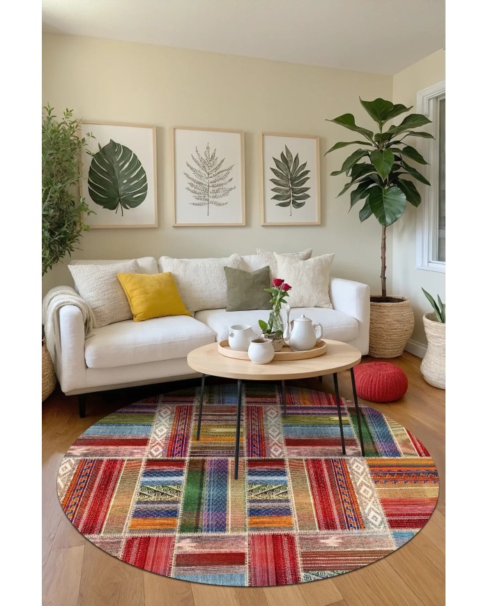 Bitsy Patchwork Kadife Pamuk Tabanlı Yıkanabilen Kaymaz Antibakteriyel Yuvarlak Salon Halısı Mutfak