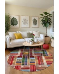 Bitsy Patchwork Kadife Pamuk Tabanlı Yıkanabilen Kaymaz Antibakteriyel Yuvarlak Salon Halısı Mutfak