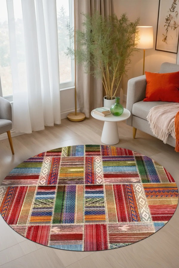 Bitsy Patchwork Kadife Pamuk Tabanlı Yıkanabilen Kaymaz Antibakteriyel Yuvarlak Salon Halısı Mutfak Bitsy Patchwork Kadife Pamuk Tabanlı Yıkanabilen Kaymaz Antibakteriyel Yuvarlak Salon Halısı Mutfak