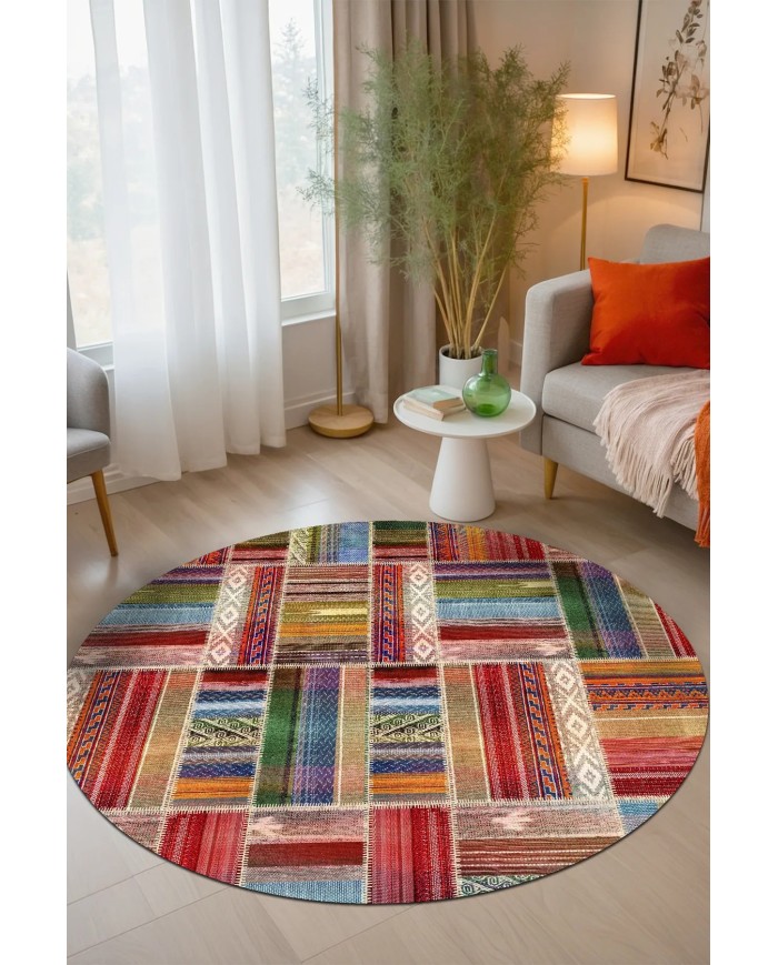 Bitsy Patchwork Kadife Pamuk Tabanlı Yıkanabilen Kaymaz Antibakteriyel Yuvarlak Salon Halısı Mutfak