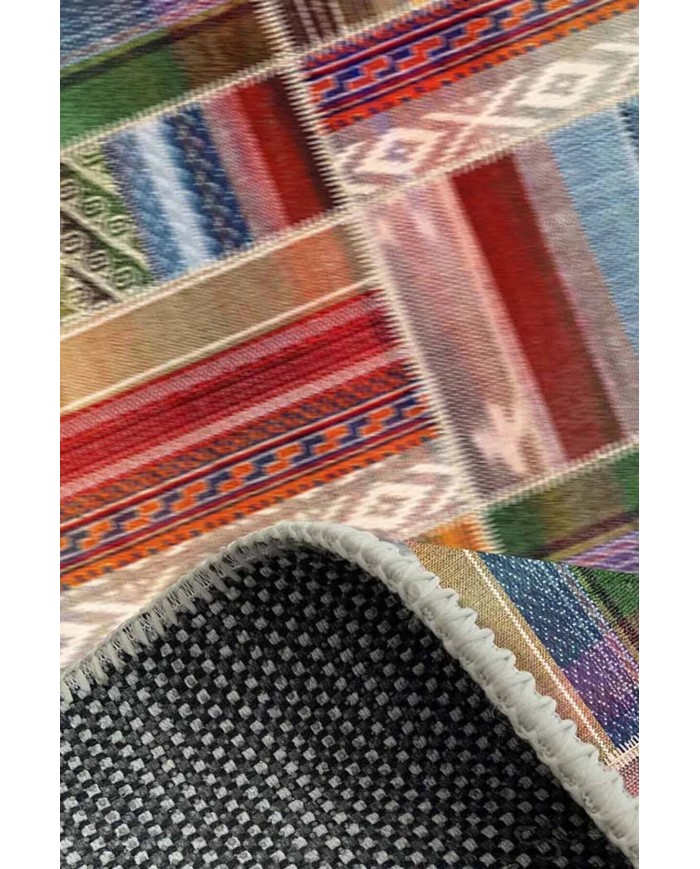 Bitsy Patchwork Kadife Pamuk Tabanlı Yıkanabilen Kaymaz Antibakteriyel Yuvarlak Salon Halısı Mutfak