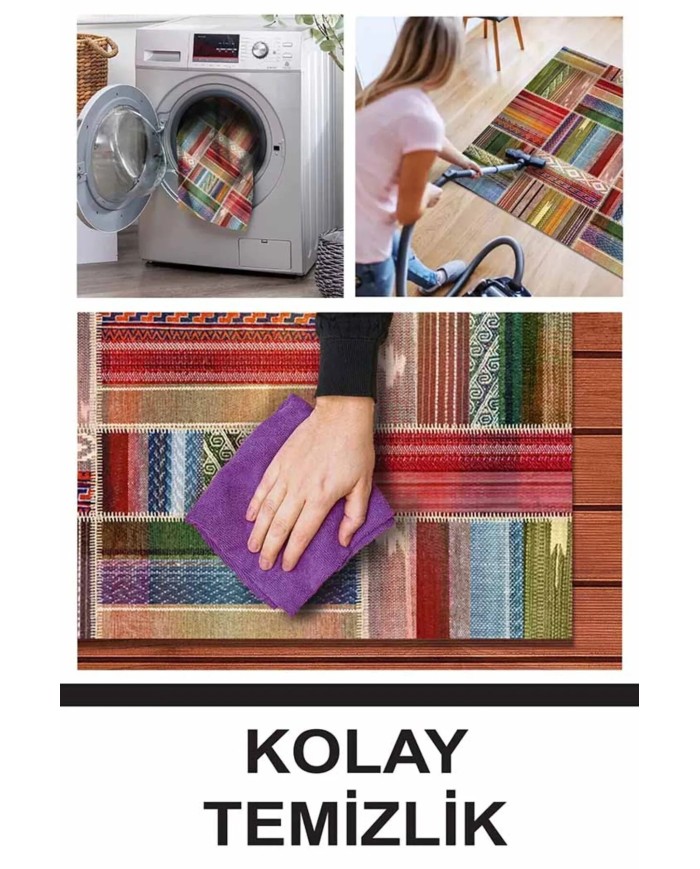 Bitsy Patchwork Kadife Pamuk Tabanlı Yıkanabilen Kaymaz Antibakteriyel Yuvarlak Salon Halısı Mutfak