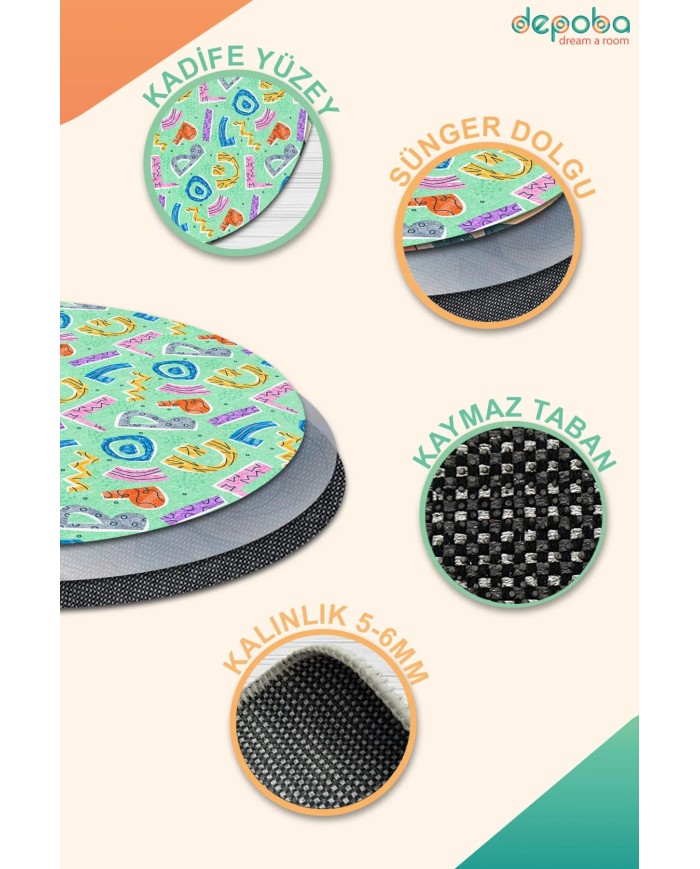 Alava Kadife Antibakteriyel Yıkanabilir Kaymaz Pamuk Tabanlı Çocuk Halısı