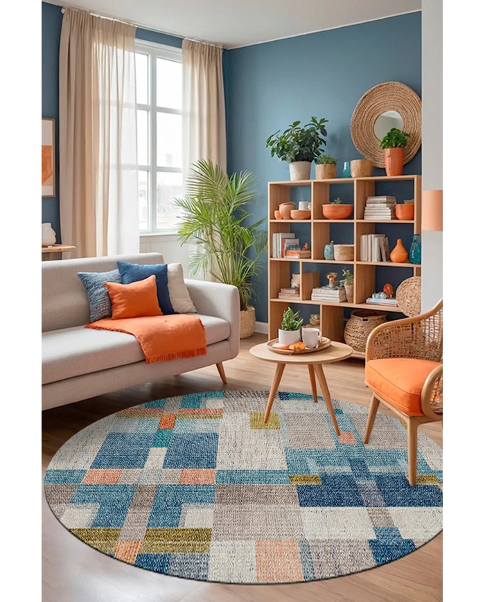 Anelia Patchwork Kadife Pamuk Tabanlı Yıkanabilen Kaymaz Antibakteriyel Yuvarlak Salon Halısı
