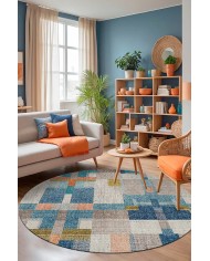 Anelia Patchwork Kadife Pamuk Tabanlı Yıkanabilen Kaymaz Antibakteriyel Yuvarlak Salon Halısı