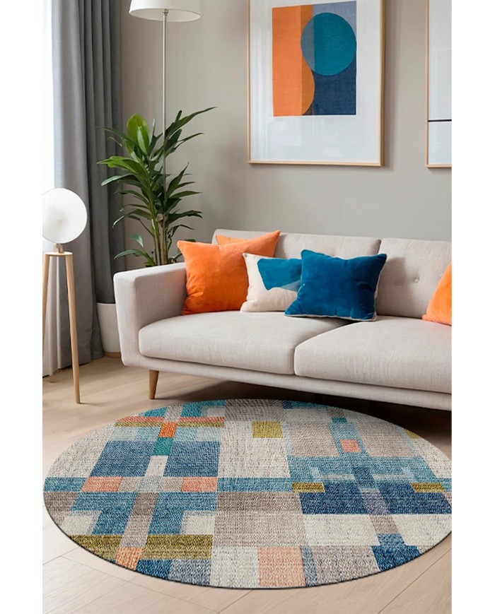 Anelia Patchwork Kadife Pamuk Tabanlı Yıkanabilen Kaymaz Antibakteriyel Yuvarlak Salon Halısı
