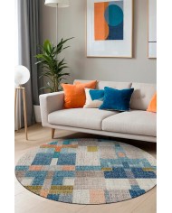 Anelia Patchwork Kadife Pamuk Tabanlı Yıkanabilen Kaymaz Antibakteriyel Yuvarlak Salon Halısı