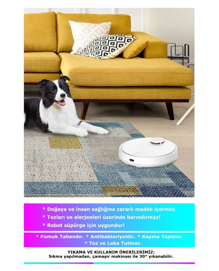 Anelia Patchwork Kadife Pamuk Tabanlı Yıkanabilen Kaymaz Antibakteriyel Yuvarlak Salon Halısı