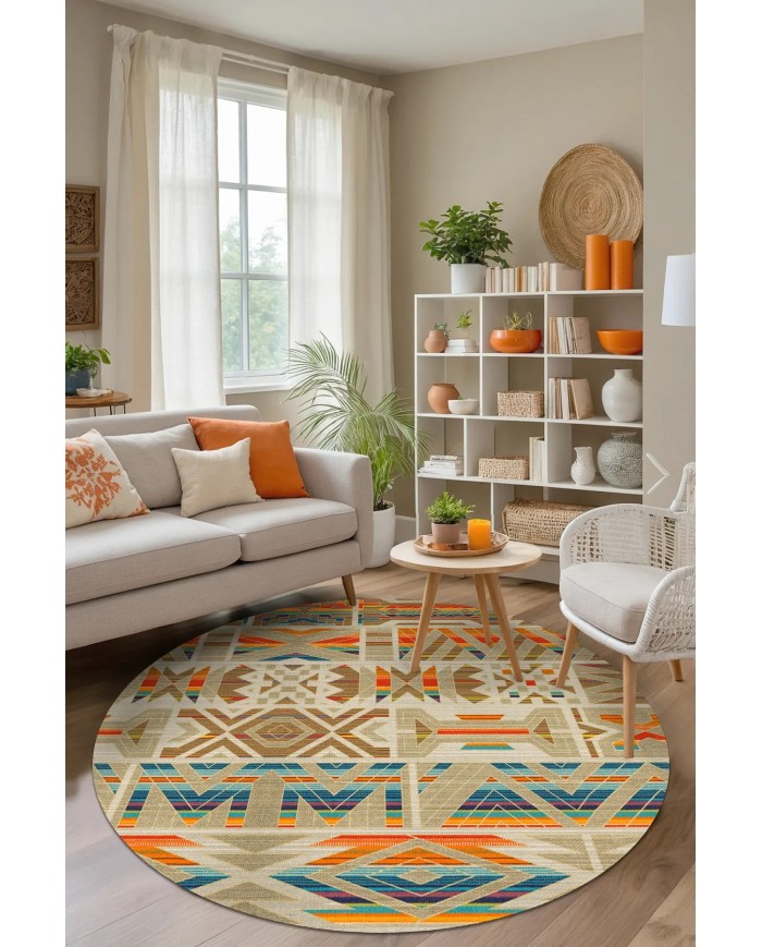 Crocus Modern Kadife Desenli Pamuk Tabanlı Yıkanabilen Kaydırmaz Antibakteriyel Yuvarlak Salon Halısı