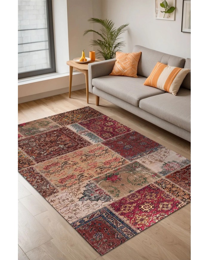 Cortez Patchwork Kadife Desenli Pamuk Tabanlı Yıkanabilen Kaydırmaz Antibakteriyel Salon Halısı