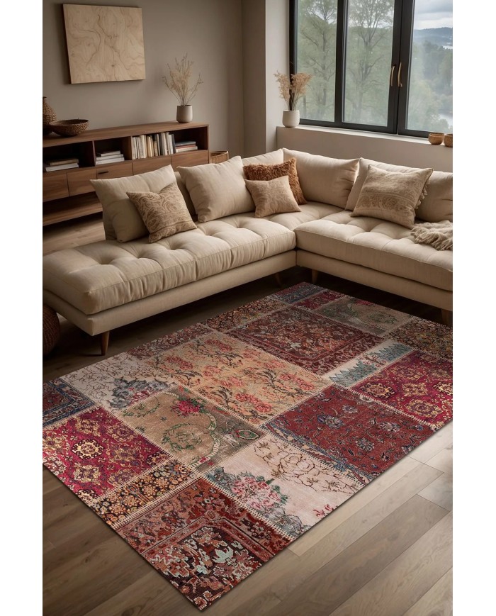 Cortez Patchwork Kadife Desenli Pamuk Tabanlı Yıkanabilen Kaydırmaz Antibakteriyel Salon Halısı