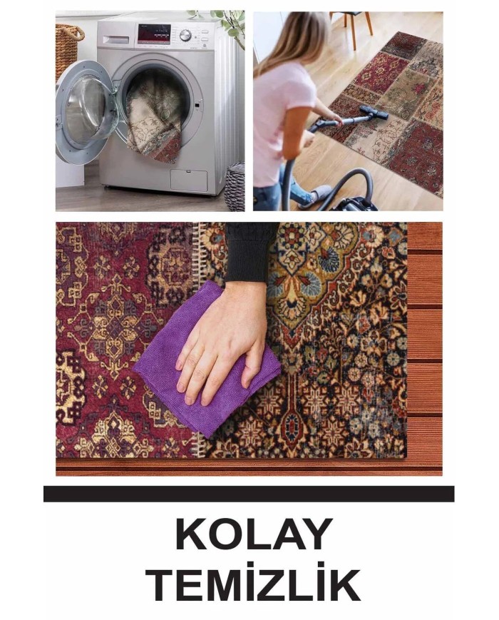 Cortez Patchwork Kadife Desenli Pamuk Tabanlı Yıkanabilen Kaydırmaz Antibakteriyel Salon Halısı