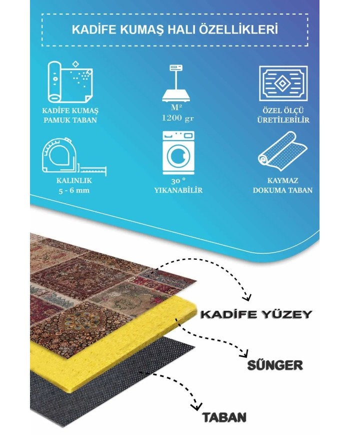 Cortez Patchwork Kadife Desenli Pamuk Tabanlı Yıkanabilen Kaydırmaz Antibakteriyel Salon Halısı