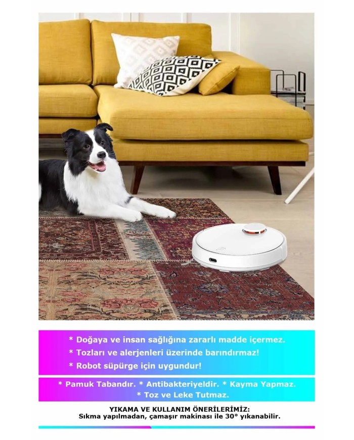 Cortez Patchwork Kadife Desenli Pamuk Tabanlı Yıkanabilen Kaydırmaz Antibakteriyel Salon Halısı