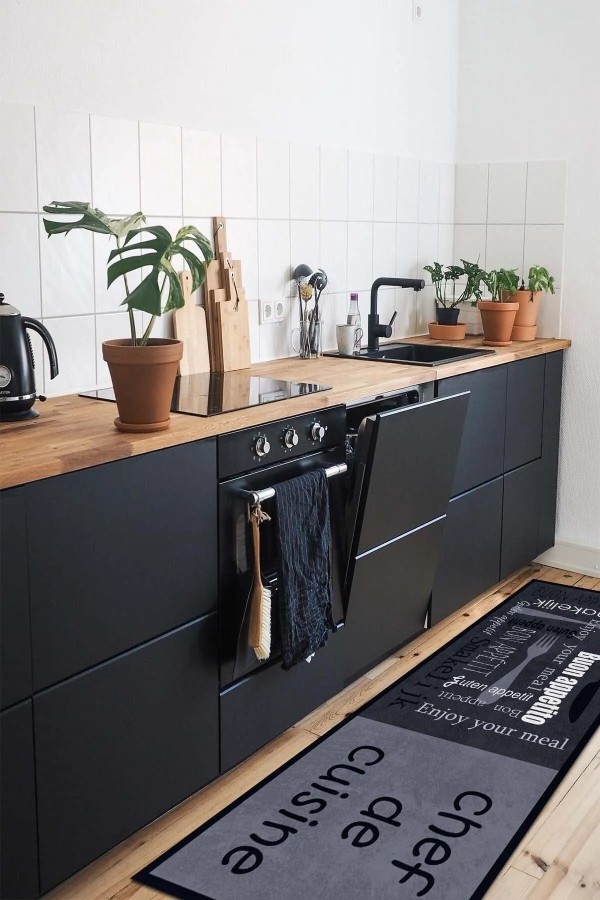 Roods Modern Kadife Desenli Pamuk Tabanlı Yıkanabilen Kaydırmaz Antibakteriyel Mutfak Halısı