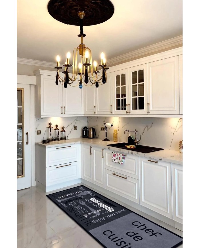 Roods Modern Kadife Desenli Pamuk Tabanlı Yıkanabilen Kaydırmaz Antibakteriyel Mutfak Halısı